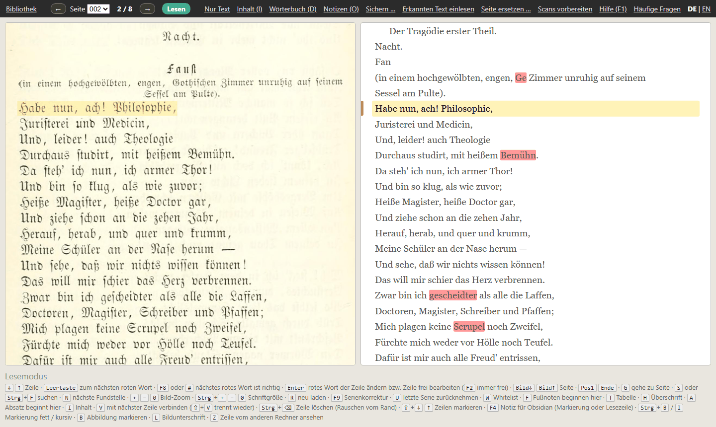 Die Leseansicht: links das Seitenbild, rechts der erkannte Text, die Lesezeile gelb