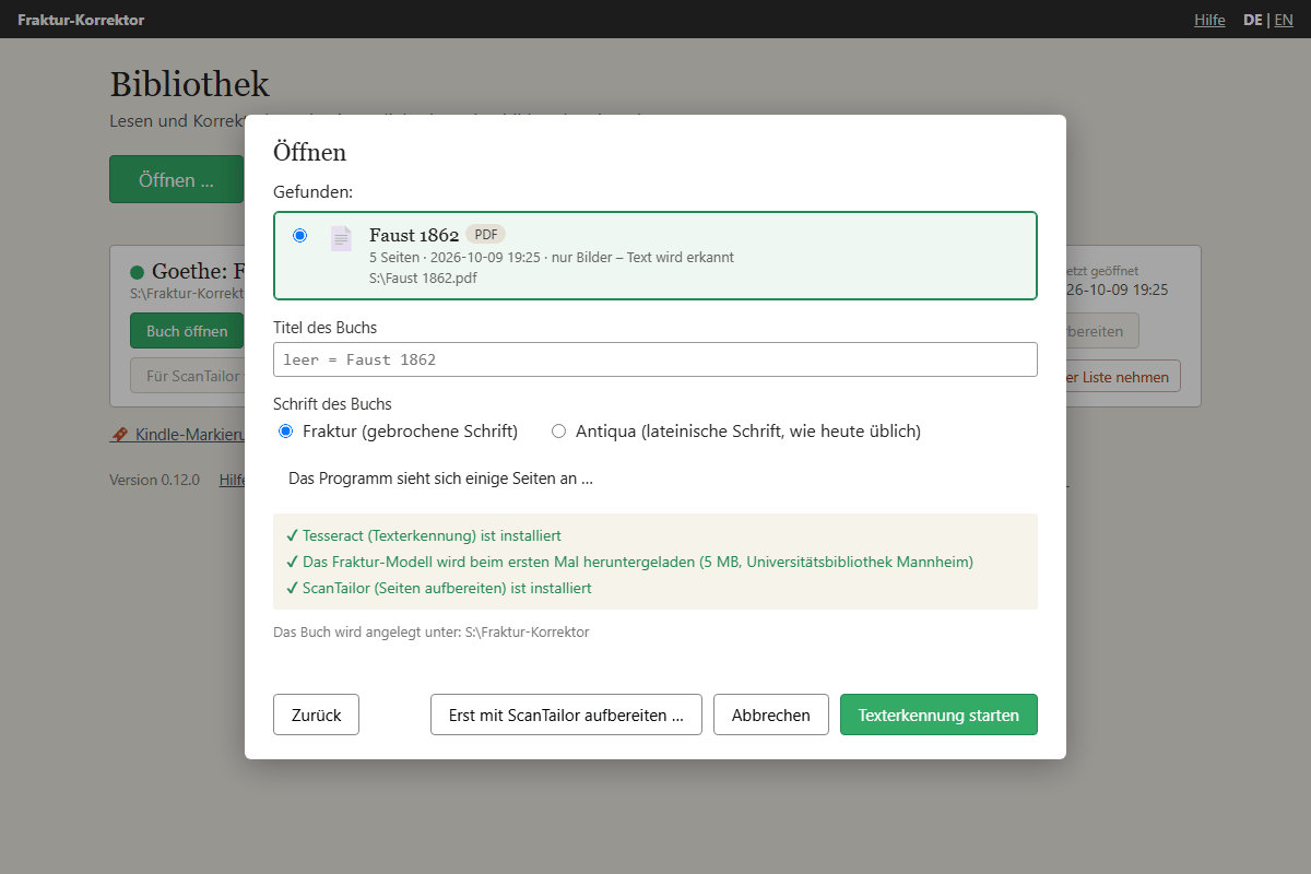 Der Dialog »Öffnen« hat ein PDF ohne Text gefunden und bietet die Texterkennung an