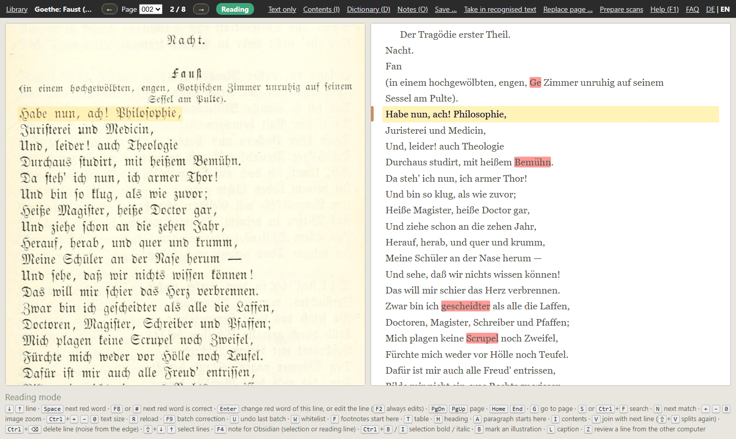 The reading view: page image on the left, text on the right, the reading line in yellow, unknown words in red