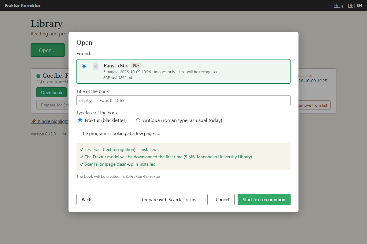 The “Open” dialog has found a PDF without text and offers text recognition